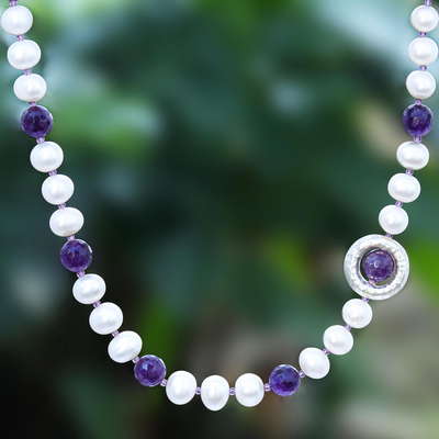Amethyst and cultured pearl beaded necklace, 'Saturn's Ring' - Cultured Pearl and Amethyst Bead Pendant Necklace