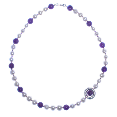 Amethyst and cultured pearl beaded necklace, 'Saturn's Ring' - Cultured Pearl and Amethyst Bead Pendant Necklace