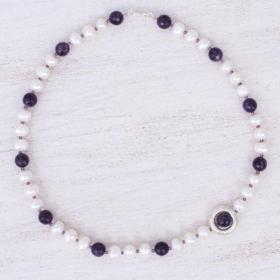 Halskette mit Perlen aus Amethyst und Zuchtperlen - Halskette mit Anhänger aus Zuchtperlen und Amethystperlen