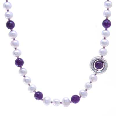 Collar de perlas cultivadas y amatistas - Collar con colgante de perla cultivada y amatista