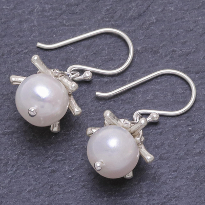 Cultured pearl dangle earrings, 'Angels of Joy' - Cultured Pearl and Sterling Silver Dangle Earrings