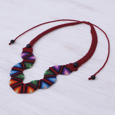 Macrame pendant necklace, 'Boho Morning in Scarlet' - Thai Hand Crafted Macrame Onyx Beaded Necklace