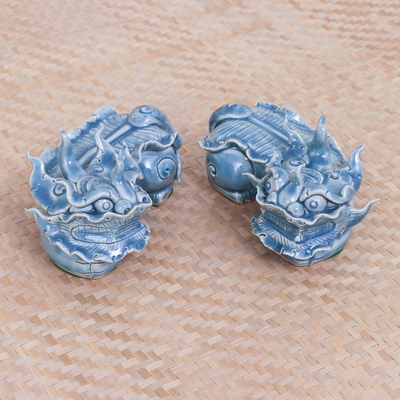 Celadon ceramic figurines, 'Blue Pi Xiu' (set of 2) - Set of 2 Blue Celadon Ceramic Pi Xiu Figurines from Thailand