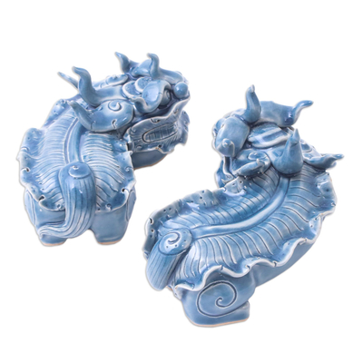 Celadon ceramic figurines, 'Blue Pi Xiu' (set of 2) - Set of 2 Blue Celadon Ceramic Pi Xiu Figurines from Thailand