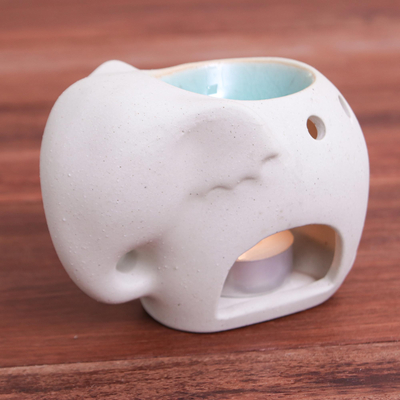 Ceramic oil warmer, 'Sand Elephant' - Handmade Ceramic Elephant Oil Warmer from Thailand