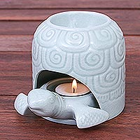 Celadon ceramic oil warmer, 'Turtle Cave' - Hand Made Celadon Ceramic Turtle Shell Oil Warmer