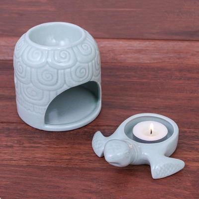 Celadon ceramic oil warmer, 'Turtle Cave' - Hand Made Celadon Ceramic Turtle Shell Oil Warmer