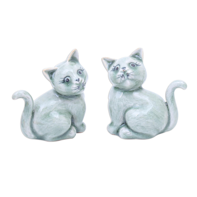 Hand Made Celadon Ceramic Cat Figurines (Pair)