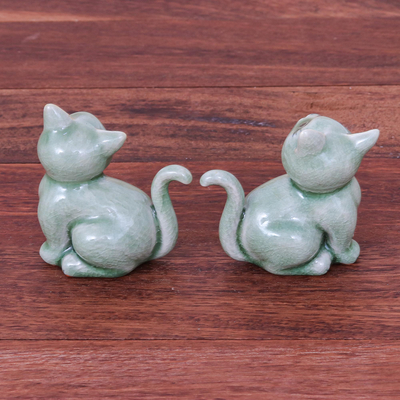 Celadon ceramic figurines, 'Kitty Lover' (pair) - Hand Made Celadon Ceramic Cat Figurines (Pair)