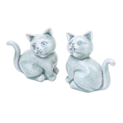 Celadon ceramic figurines, 'Kitty Lover' (pair) - Hand Made Celadon Ceramic Cat Figurines (Pair)