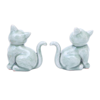 Figuras de cerámica celadón, (par) - Figuras de gatos de cerámica celadón hechas a mano (par)