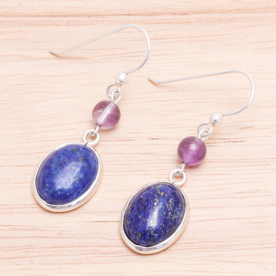 Lapis lazuli dangle earrings, 'Universe in Blue' - Lapis Lazuli and Amethyst Bead Dangle Earrings