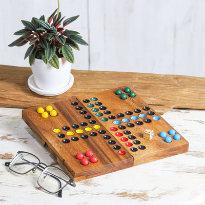 Folding wooden game, 'Ludo' - Handcrafted Folding Wood Ludo Game