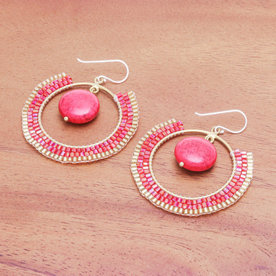 Howlite dangle earrings, 'Universal Sun in Red' - Howlite and Glass Beaded Circle Earrings
