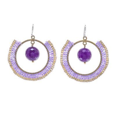 Quartz dangle earrings, 'Universal Sun in Lavender' - Quartz and Glass Beaded Circle Earrings