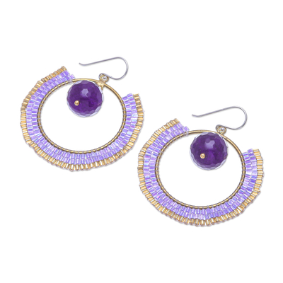 Quartz dangle earrings, 'Universal Sun in Lavender' - Quartz and Glass Beaded Circle Earrings