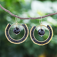 Glass bead dangle earrings, 'Universal Sun in Black' - Handcrafted Glass Beaded Circle Earrings