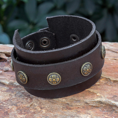 Men's leather wristband bracelet, 'Rugged Flower' - Men's Leather Wristband with Brass Studs