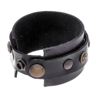 Men's leather wristband bracelet, 'Rugged Flower' - Men's Leather Wristband with Brass Studs