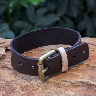 Mens leather wristband bracelet, Brass Buckle