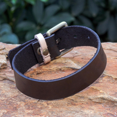 Men's leather wristband bracelet, 'Brass Buckle' - Men's Adjustable Brass Buckle Leather Wristband