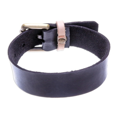 Men's leather wristband bracelet, 'Brass Buckle' - Men's Adjustable Brass Buckle Leather Wristband