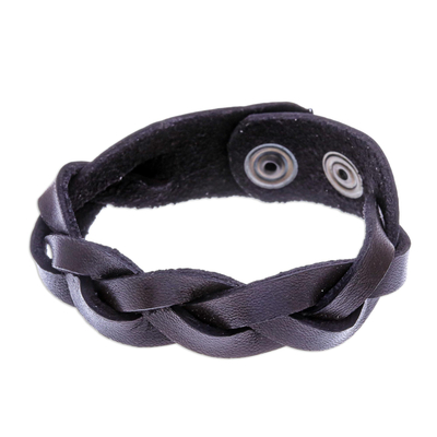 Men's leather wristband bracelet, 'Small Weave' - Men's Brown Woven Leather Wristband