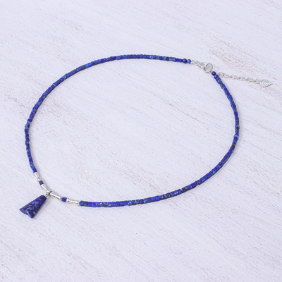 Lapis lazuli pendant necklace, 'Shrouded Origins' - Hand Made Sterling Silver and Lapis Lazuli Pendant Necklace