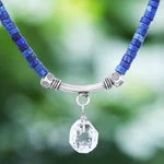 Quartz and lapis lazuli pendant necklace, 'Wild Moon' - Handmade Clear Quartz and Lapis Lazuli Pendant Necklace