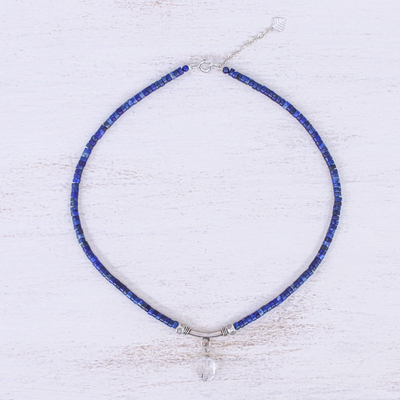 Quartz and lapis lazuli pendant necklace, 'Wild Moon' - Handmade Clear Quartz and Lapis Lazuli Pendant Necklace