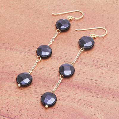 Gold plated onyx dangle earrings, 'Threefold Moon' - Handmade Gold Plated Onyx Gemstone Dangle Earrings