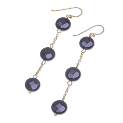 Gold plated onyx dangle earrings, 'Threefold Moon' - Handmade Gold Plated Onyx Gemstone Dangle Earrings