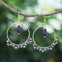 Gold plated onyx and hematite dangle earrings, 'Witching Hour' - Hand Crafted Gold Plated Onyx and Hematite Dangle Earrings