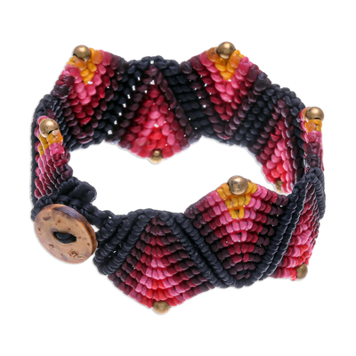Macrame wristband bracelet, 'Forest Fun in Dark Pink' - Handmade Macrame Wristband Bracelet from Thailand