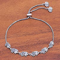 Marcasite pendant bracelet, 'March of the Pachyderm' - Hand Made Sterling Silver and Marcasite Pendant Bracelet