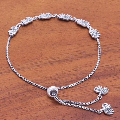 Marcasite pendant bracelet, 'March of the Pachyderm' - Hand Made Sterling Silver and Marcasite Pendant Bracelet