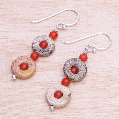 Jasper and carnelian dangle earrings, 'Evening Sun' - Handmade Jasper and Carnelian Dangle Earrings