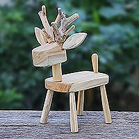 Wood statuette, 'Clever Deer' - Hand Crafted Santol Wood Deer Statuette from Thailand