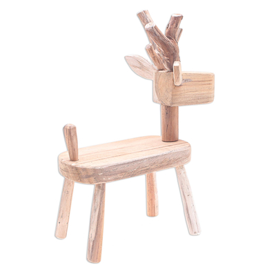 Wood statuette, 'Clever Deer' - Hand Crafted Santol Wood Deer Statuette from Thailand