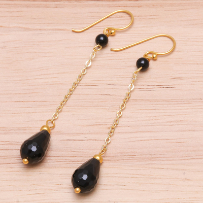 Gold-plated onyx dangle earrings, 'Night Teardrops' - Hand Made Gold-Plated Onyx Dangle Earrings from Thailand