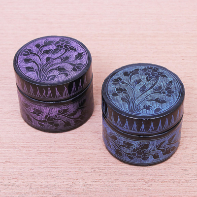 Cajas decorativas de madera, (pareja) - Cajas de madera decorativas hechas a mano con flores de Tailandia (par)