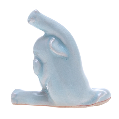 Celadon ceramic figurine, 'Head to Knee' - Hand Crafted Ceramic Elephant Yoga-Themed Figurine
