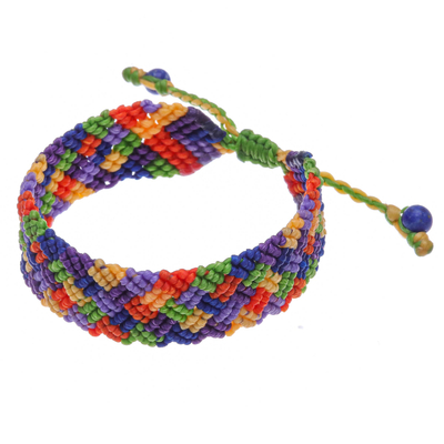 Lapis lazuli macrame wristband bracelet, 'Rainbow Slide' - Hand Made Lapis Lazuli Bead and Macrame Rainbow Bracelet