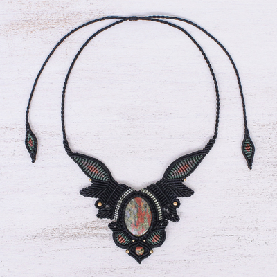 Unakite macrame pendant necklace, 'Bohemian Jewel' - Hand Knotted Unakite Macrame Pendant Necklace