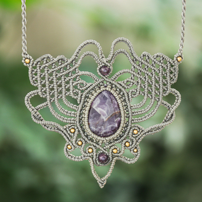 Amethyst macrame pendant necklace, 'Boho Lilac' - Hand Knotted Amethyst Macrame Pendant Necklace from Thailand