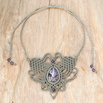 Amethyst macrame pendant necklace, 'Boho Lilac' - Hand Knotted Amethyst Macrame Pendant Necklace from Thailand