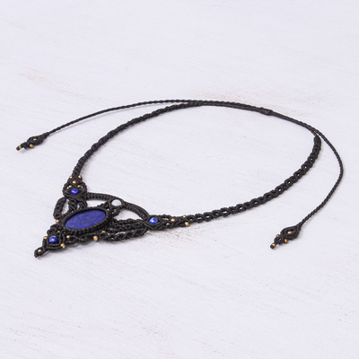 Lapis lazuli and quartz macrame pendant necklace, 'Boho Sea' - Hand Made Lapis Lazuli and Quartz Macrame Pendant Necklace