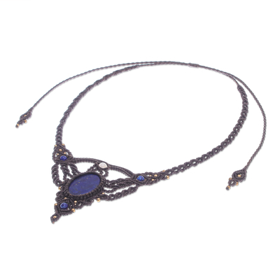 Lapis lazuli and quartz macrame pendant necklace, 'Boho Sea' - Hand Made Lapis Lazuli and Quartz Macrame Pendant Necklace
