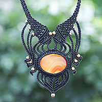 Agate macrame pendant necklace, 'Boho Sunrise'
