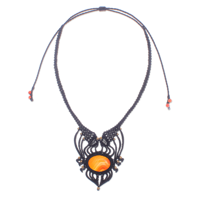 Agate macrame pendant necklace, 'Boho Sunrise' - Handmade Agate Macrame Pendant Necklace